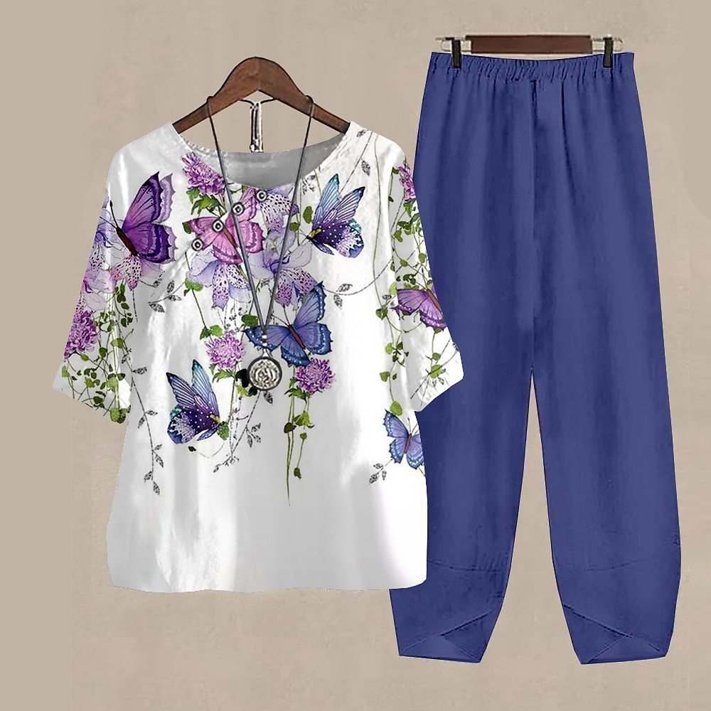 Damen Freizeit Set im Japanischen Stil mit Libellen-Print – Zweiteiler, Bequem für Alltag & Reisen