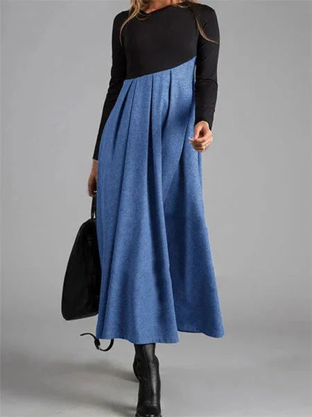 Damen Elegantes Midikleid mit Kontrastnähten und Langarm – Schwingender Schnitt für Büro & Alltag