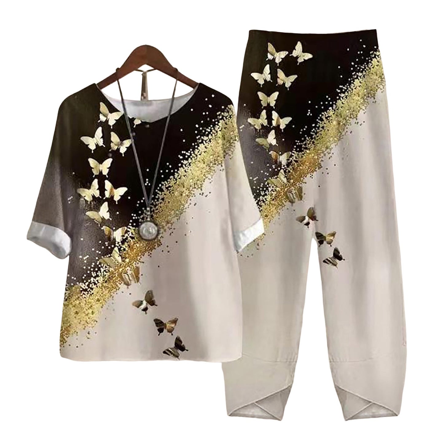 Damen Freizeit Set im Japanischen Stil mit Libellen-Print – Zweiteiler, Bequem für Alltag & Reisen