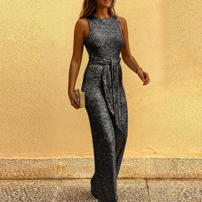 Francesca – Sleeveless sexy sequin jumpsuit with silver dots