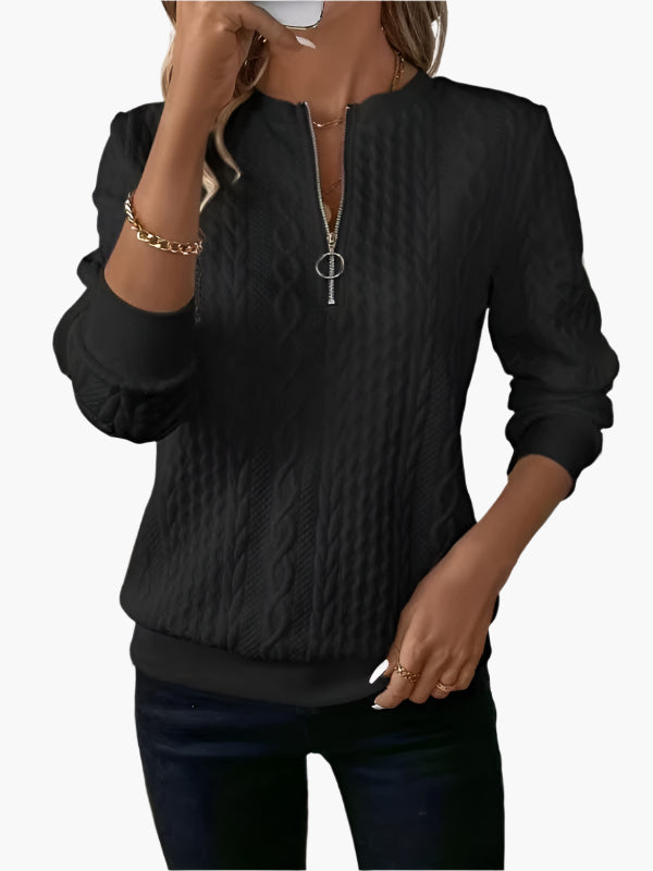 Damen Strickpullover mit Reißverschluss – Modischer Alltags-Sweater im Zopfmuster