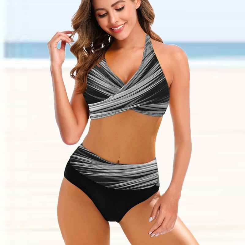 Damen High Waist Bikini Set – Gestreift, Modern, Sexy, Ideal für Strand & Schwimmbad