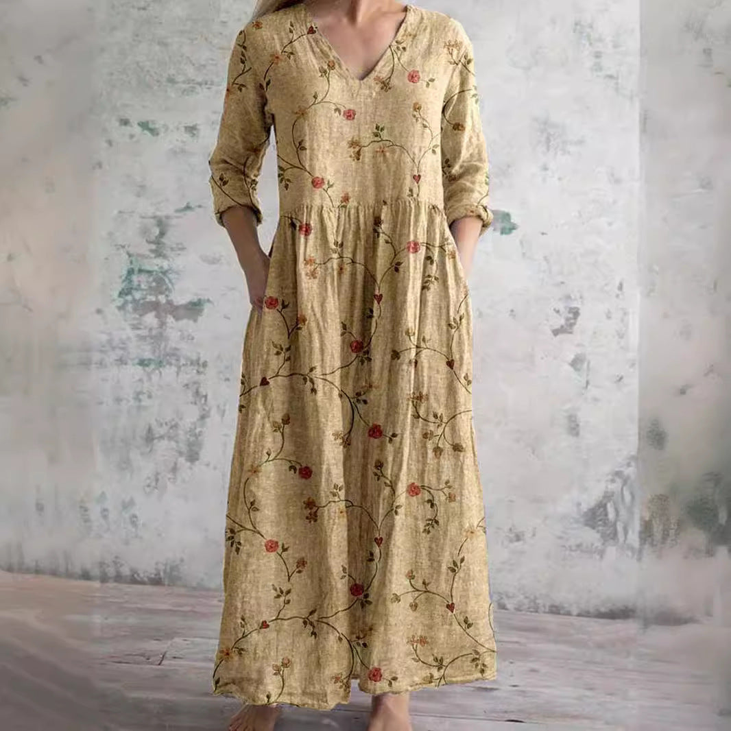 Women's Vintage Boho Maxi Dress with Floral Pattern and 3/4 Sleeves – Casual Everyday Dress with V-Neck and Pockets