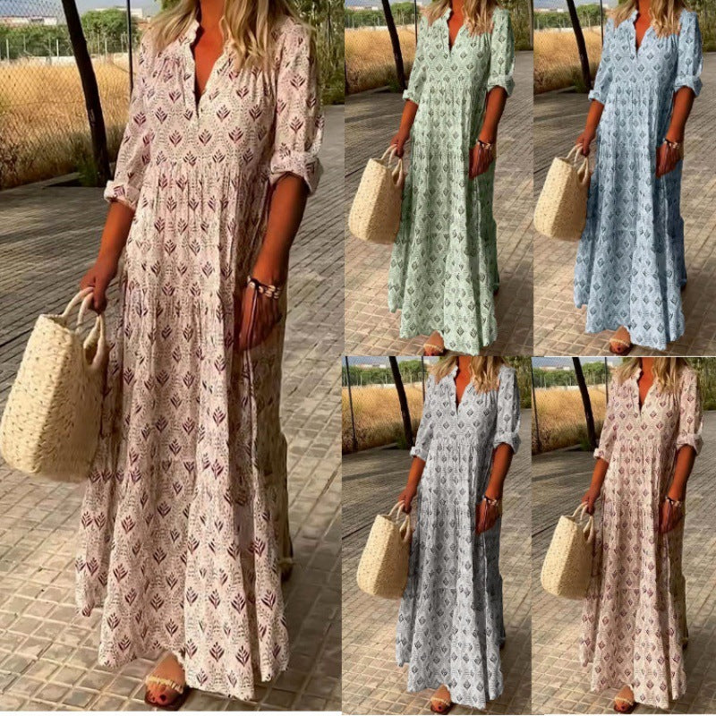 Damen Boho Maxikleid mit Hemdkragen und Falten – Sommer Freizeitkleid für Urlaub & Alltag