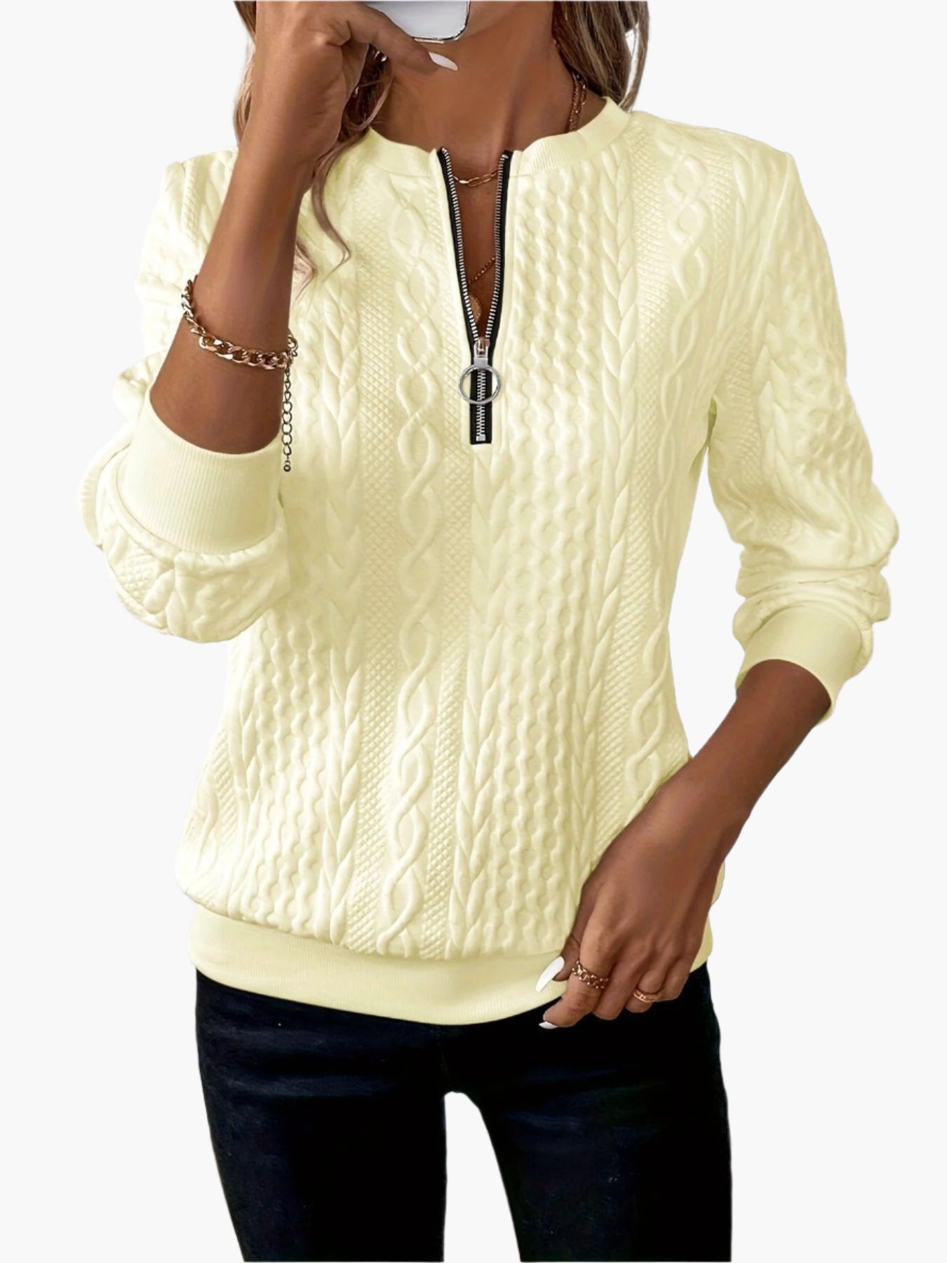 Damen Strickpullover mit Reißverschluss – Modischer Alltags-Sweater im Zopfmuster