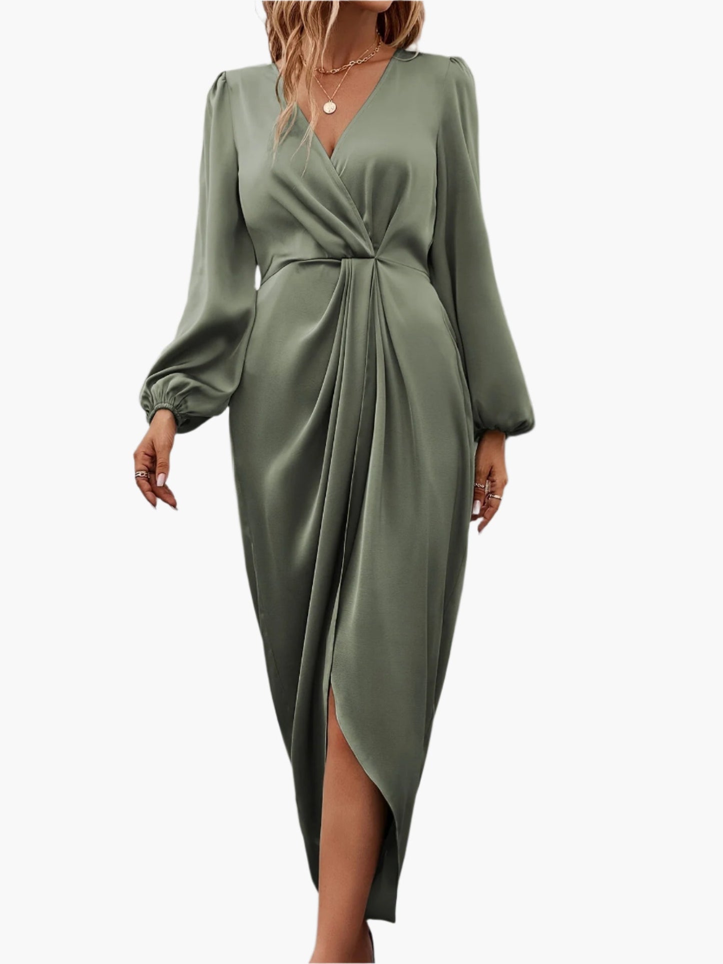 Damen Elegantes Wickelkleid – Formelles Cocktail- & Abendkleid mit Langarm und V-Ausschnitt, Perfekt für Festliche Anlässe