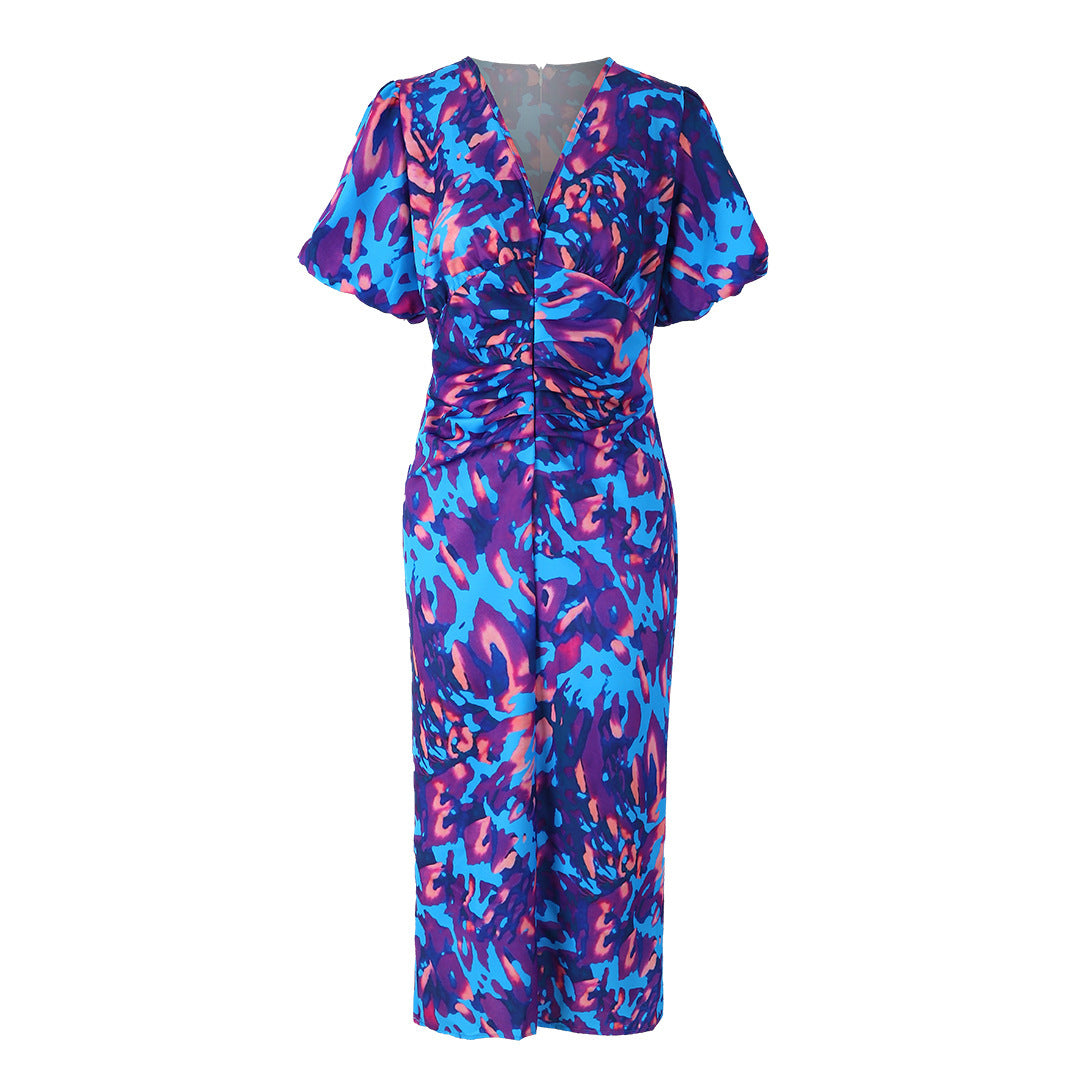 Women's Statement Midi Dress with Puff Sleeves – Elegant Party Dress with Modern Cut