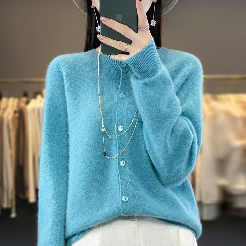Leanne – Merinowoll-Cardigan mit Rundhalsausschnitt und langen Ärmeln