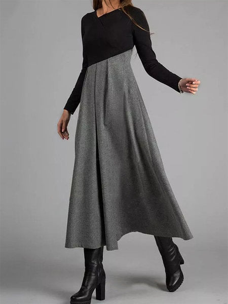 Damen Elegantes Midikleid mit Kontrastnähten und Langarm – Schwingender Schnitt für Büro & Alltag