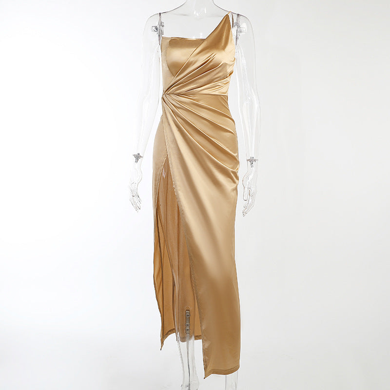 Margaret – Woven Single Shoulder Fishbone Waistband Slit Dress für Damen