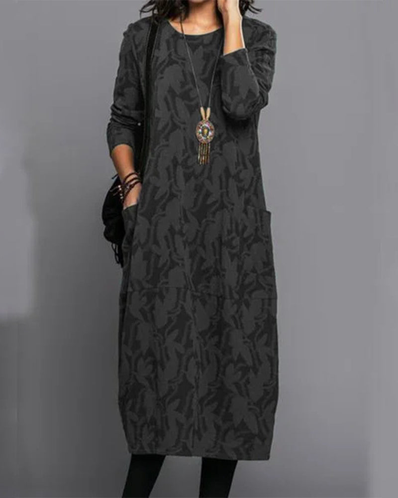 Damen Casual Langarm Midi-Kleid mit Taschen – Eleganter Alltagslook für Herbst und Winter