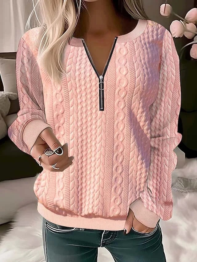 Shirley – Langärmliges Damen-T-Shirt mit V-Ausschnitt und Reißverschluss in soliden Farben