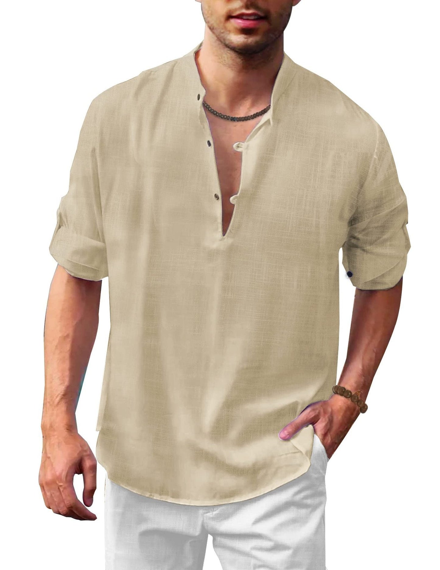 Herren Freizeit Henley Langarmshirt – Lockeres Strandhemd für Urlaub und Alltag