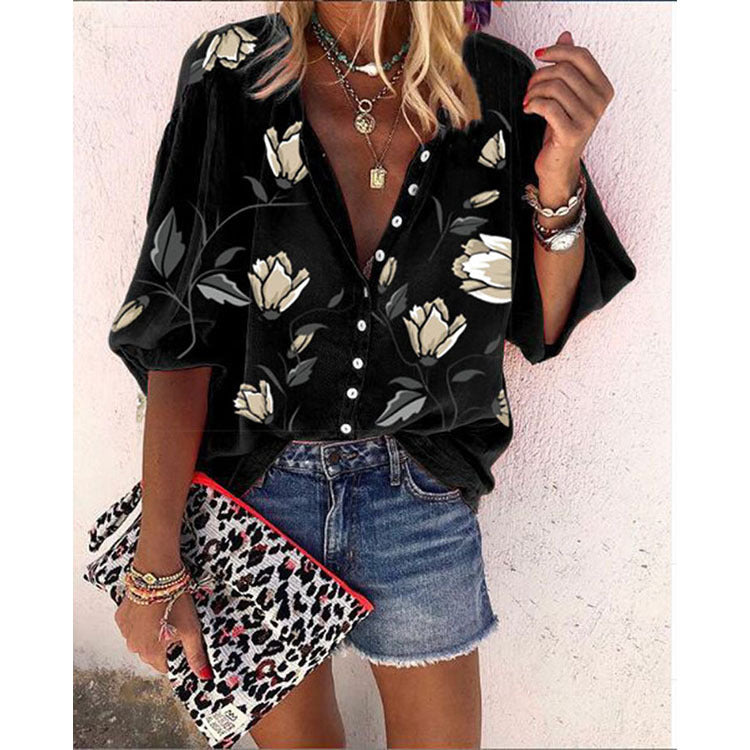Kate – Flower-Printed Nine-Sleeve Top Loose Casual Shirt