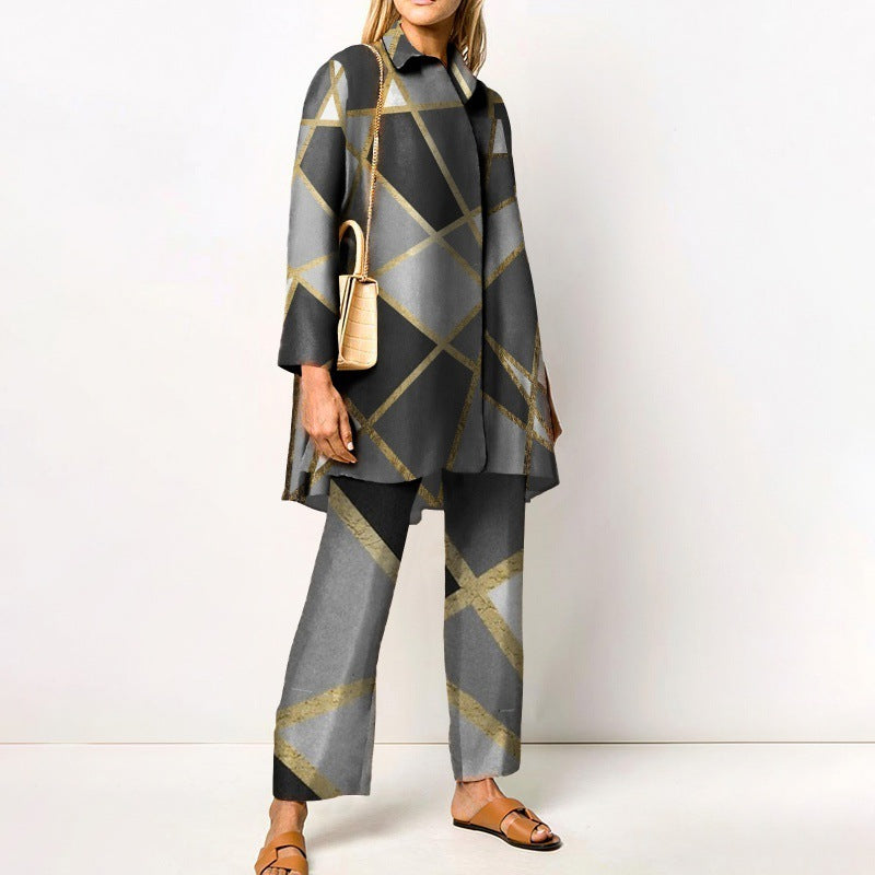 Women's two-piece set with modern geometric pattern – casual outfit for everyday and office