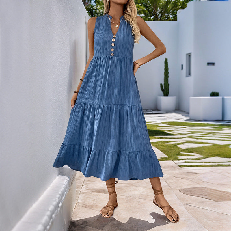 Susan – Faltenfreies, einfarbiges, ärmelloses Kleid mit Stehkragen