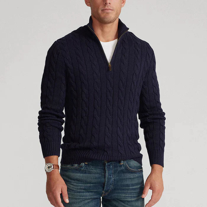 Herren Strickpullover mit Zopfmuster – Klassischer Halbreißverschluss, stilvoll und vielseitig für Alltag und Büro