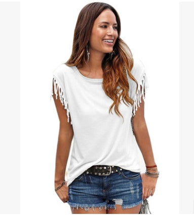 Lisa – Damen T-Shirt mit Rundhalsausschnitt und Fransen