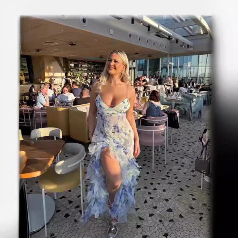 Damen Elegantes Maxikleid mit Blumen und Volants – Perfekt für besondere Anlässe und Abendveranstaltungen