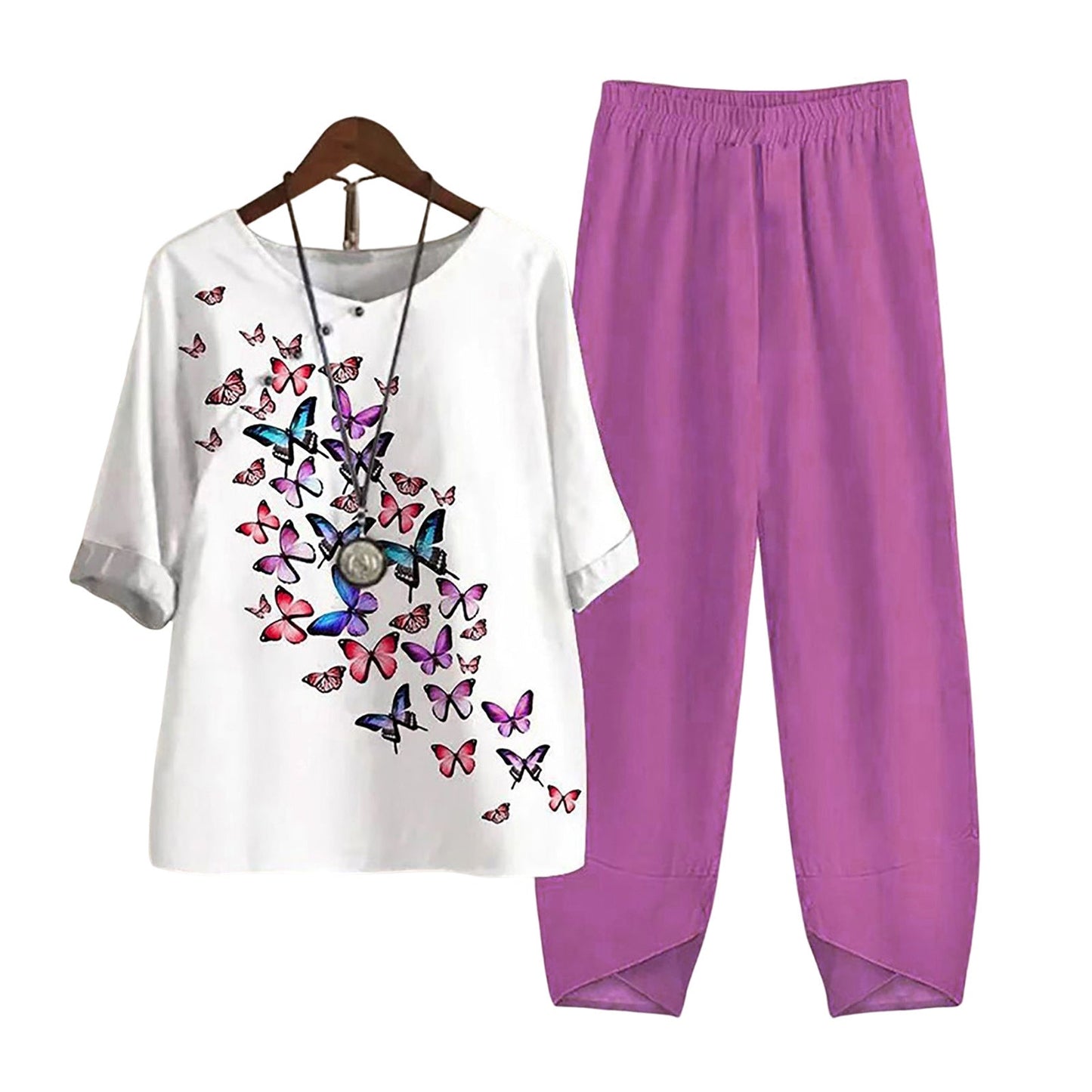 Damen Freizeit Set im Japanischen Stil mit Libellen-Print – Zweiteiler, Bequem für Alltag & Reisen