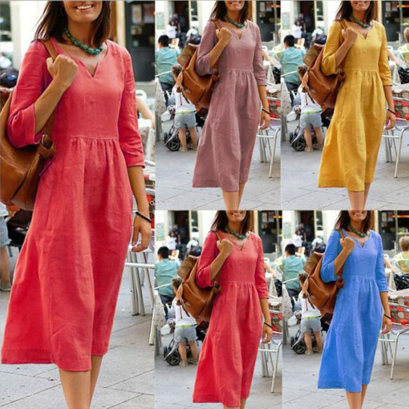 Damen Freizeit Midikleid mit V-Ausschnitt und 3/4-Ärmeln – Lockerer, eleganter Alltagslook