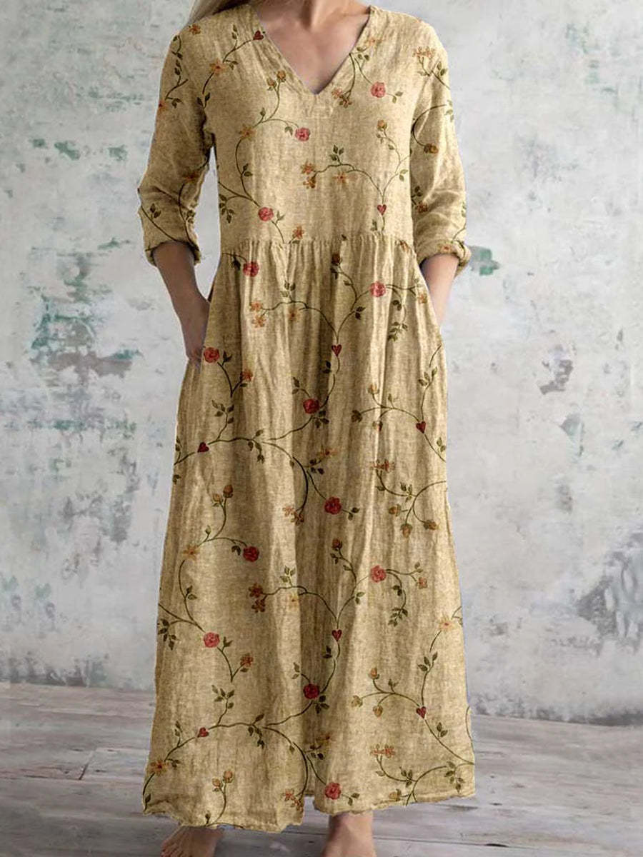 Women's Vintage Boho Maxi Dress with Floral Pattern and 3/4 Sleeves – Casual Everyday Dress with V-Neck and Pockets