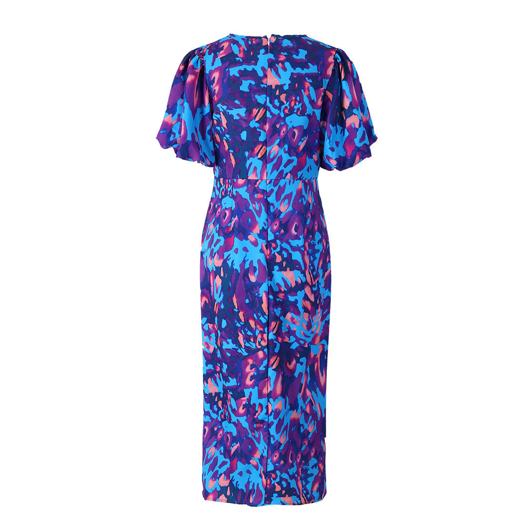 Women's Statement Midi Dress with Puff Sleeves – Elegant Party Dress with Modern Cut