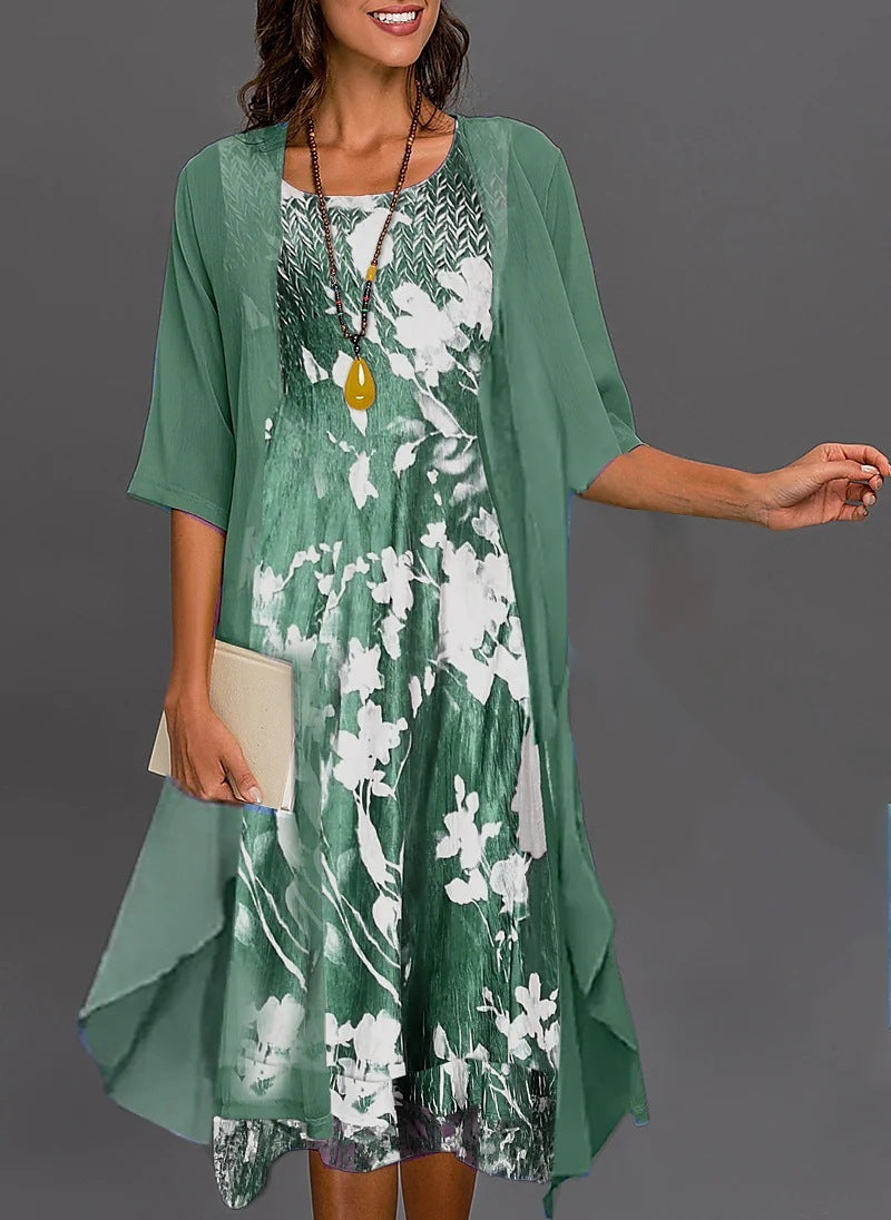 Damen Elegantes Zweiteiliges Chiffon A-Linien Midikleid Set Festlich & Alltag