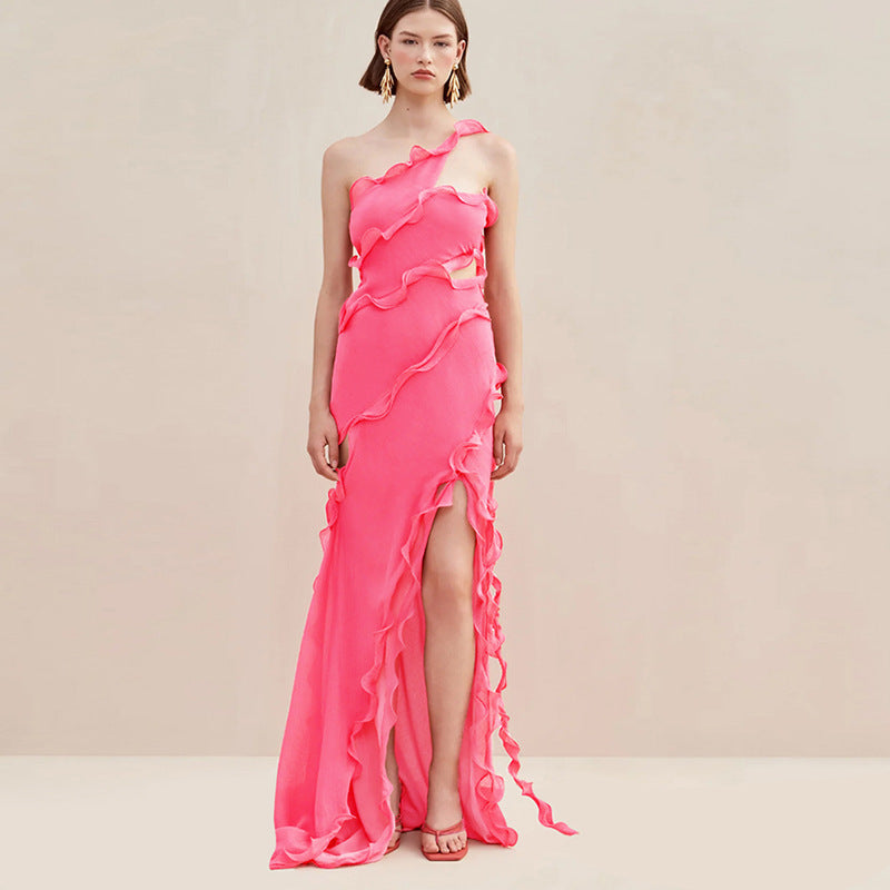 Claire – Fashionable street lace ruffle dress with asymmetrical shoulder design