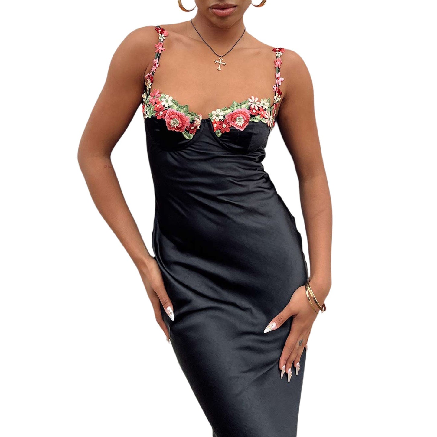 Damen Elegantes Maxikleid mit Stickerei – Satin Slip Dress für festliche Anlässe und Partys