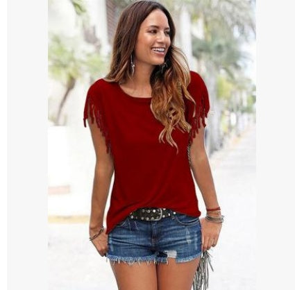 Lisa – Damen T-Shirt mit Rundhalsausschnitt und Fransen