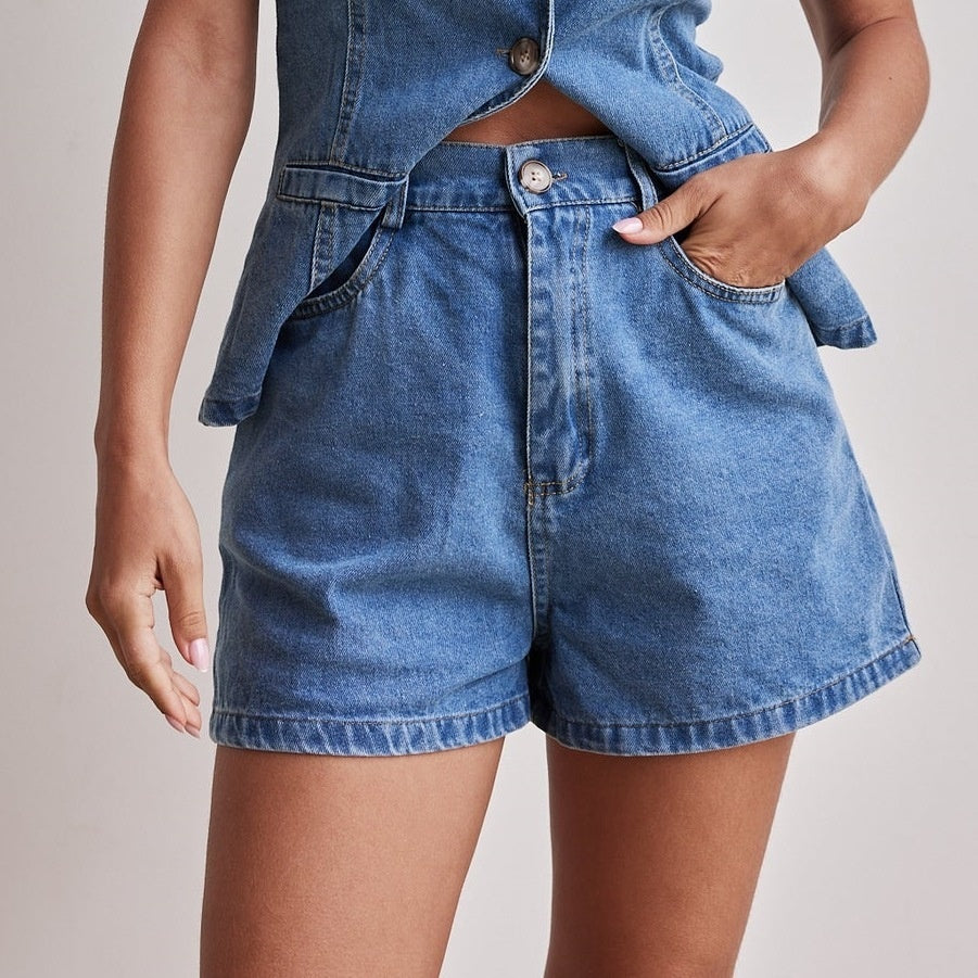 Damen Zweiteiler Jeansweste und High-Waist Shorts Set – Modisches Streetwear Outfit für Freizeit & Sommer