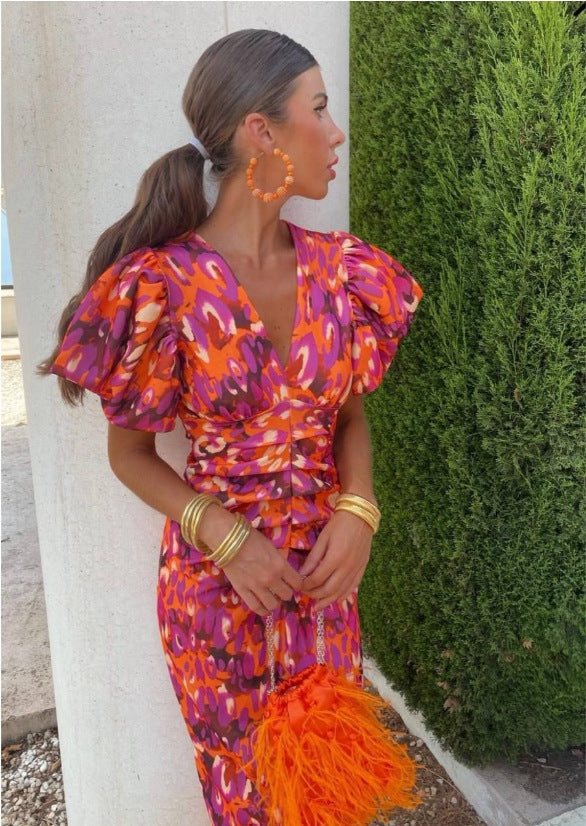 Women's Statement Midi Dress with Puff Sleeves – Elegant Party Dress with Modern Cut