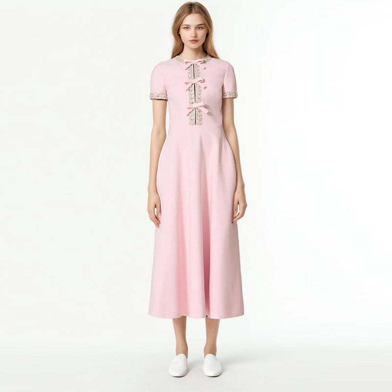 Helen – High-waisted dress with round neckline and rhinestone bow