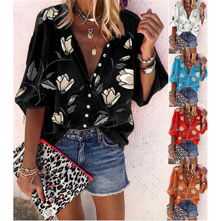 Kate – Flower-Printed Nine-Sleeve Top Loose Casual Shirt