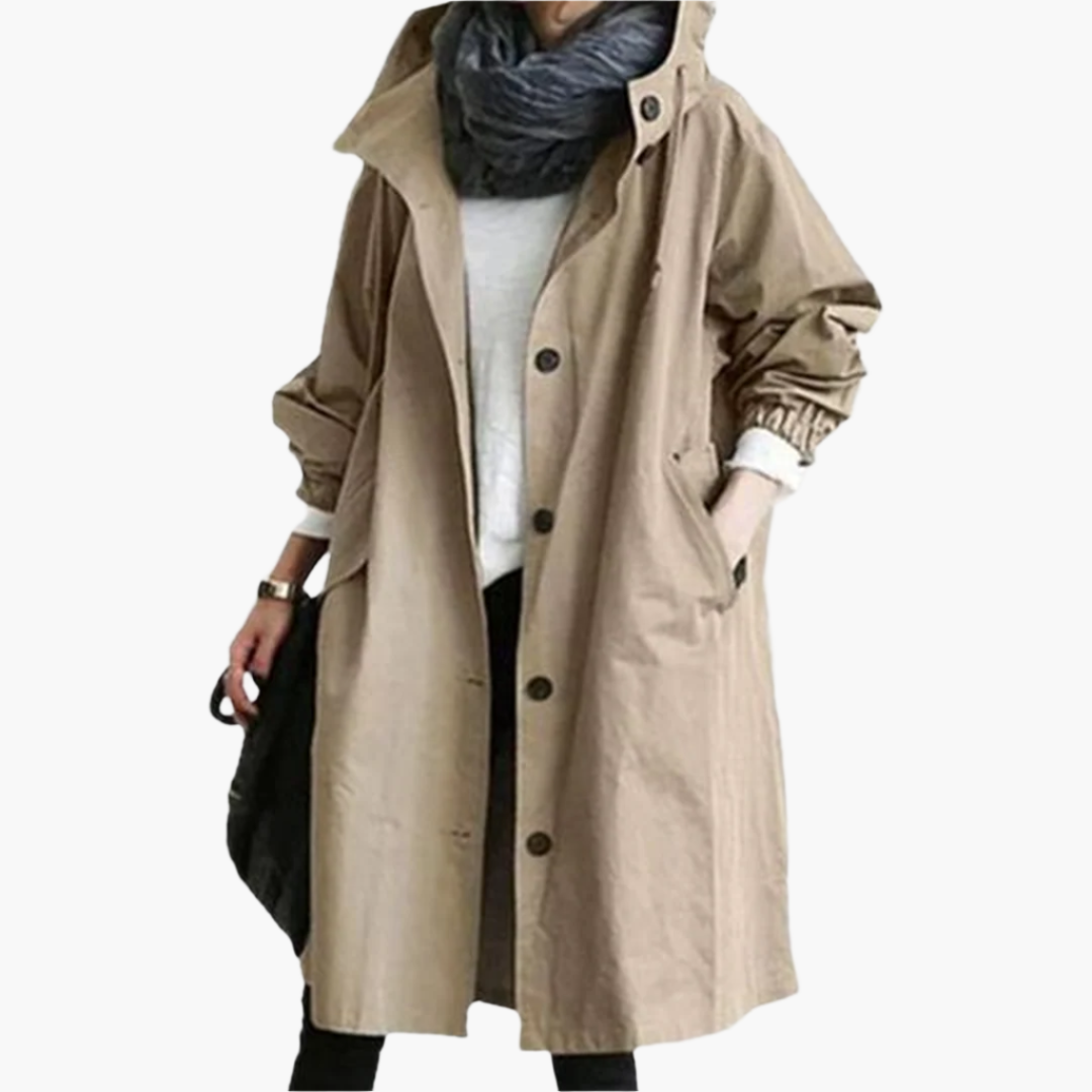 Damen Lange Regenjacke – Stilvolle Übergangsjacke mit Kapuze, modischer Alltagsbegleiter für Regenwetter