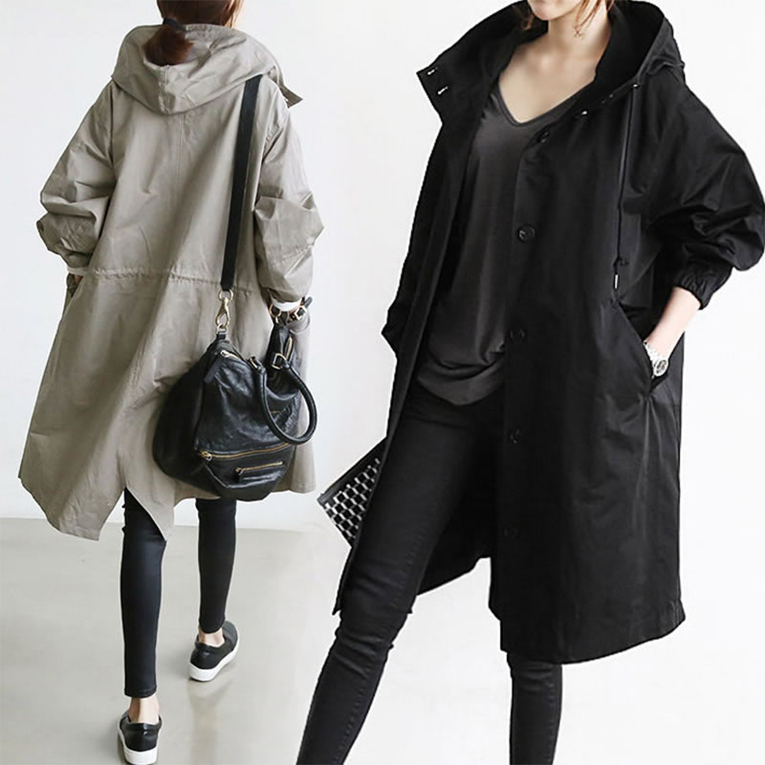 Damen Lange Regenjacke – Stilvolle Übergangsjacke mit Kapuze, modischer Alltagsbegleiter für Regenwetter