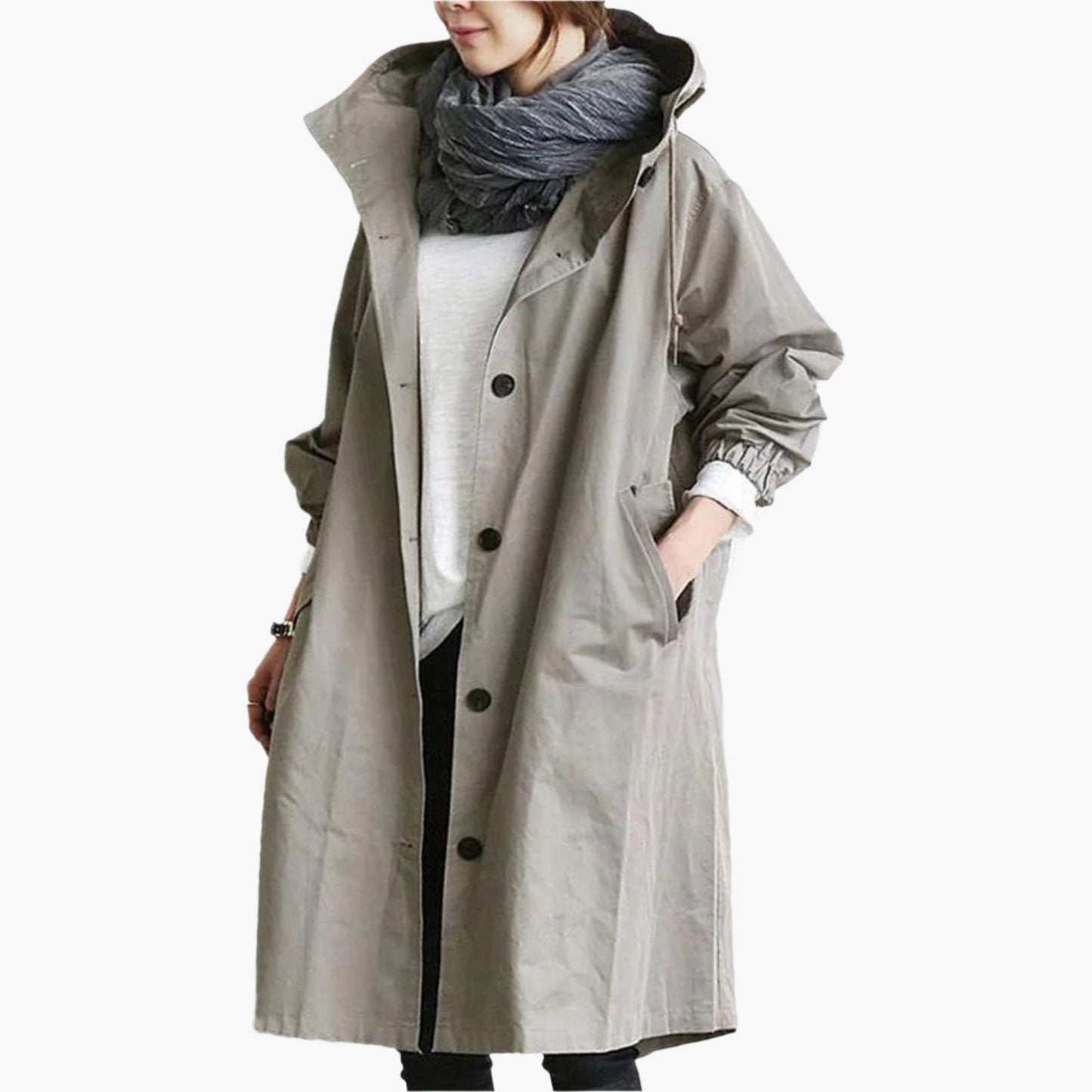 Damen Lange Regenjacke – Stilvolle Übergangsjacke mit Kapuze, modischer Alltagsbegleiter für Regenwetter