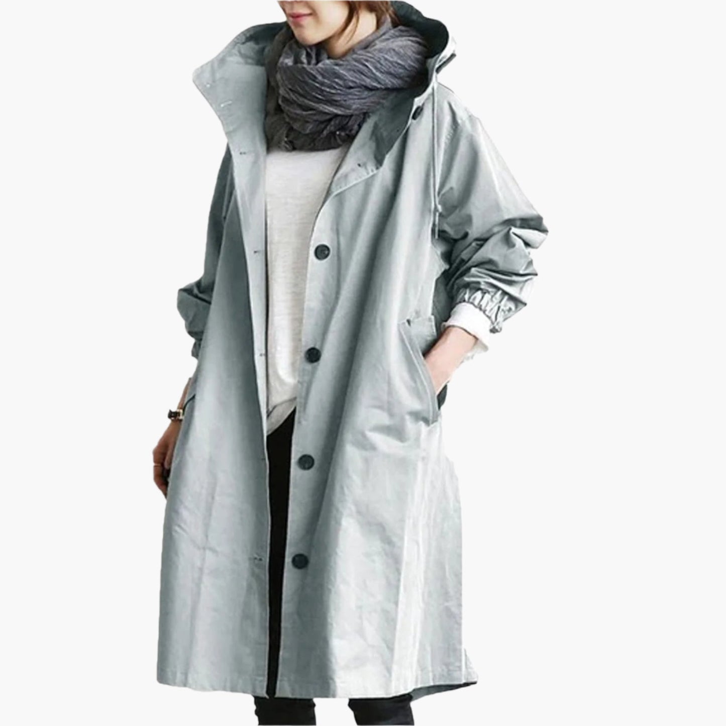 Damen Lange Regenjacke – Stilvolle Übergangsjacke mit Kapuze, modischer Alltagsbegleiter für Regenwetter