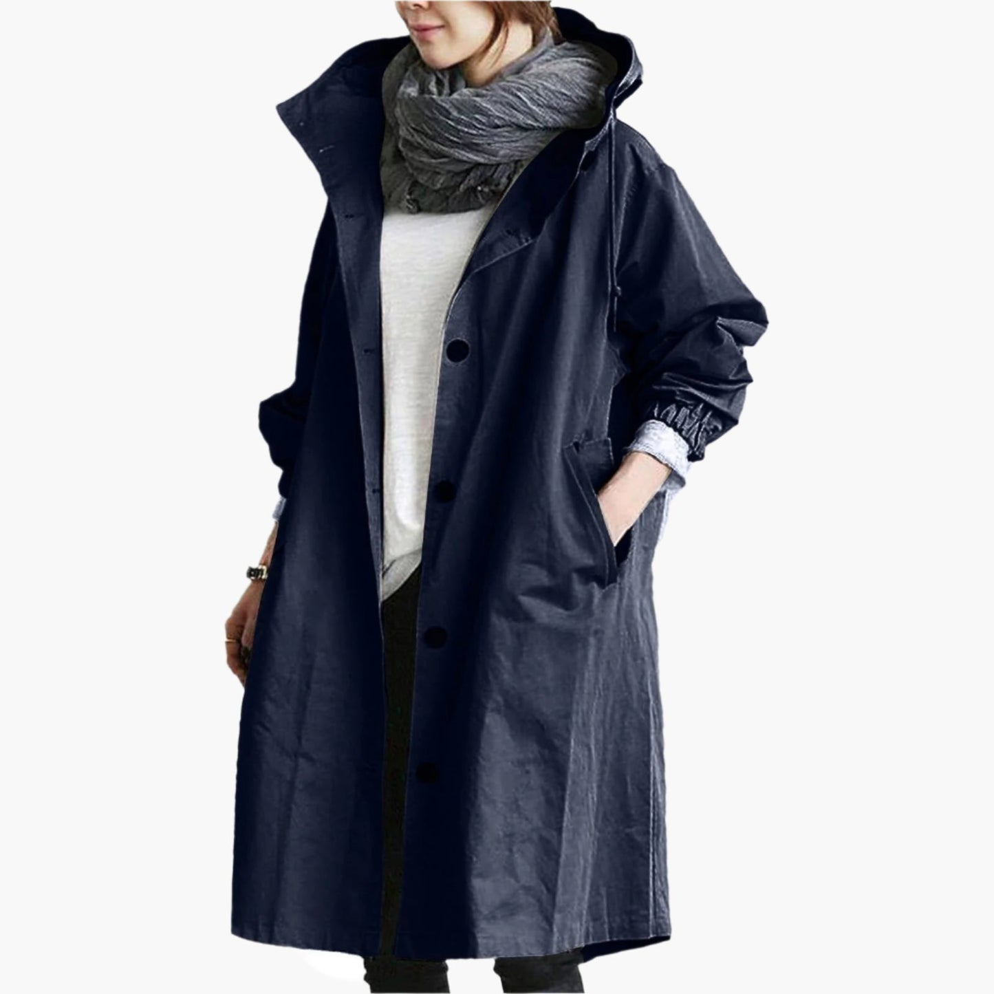 Damen Lange Regenjacke – Stilvolle Übergangsjacke mit Kapuze, modischer Alltagsbegleiter für Regenwetter