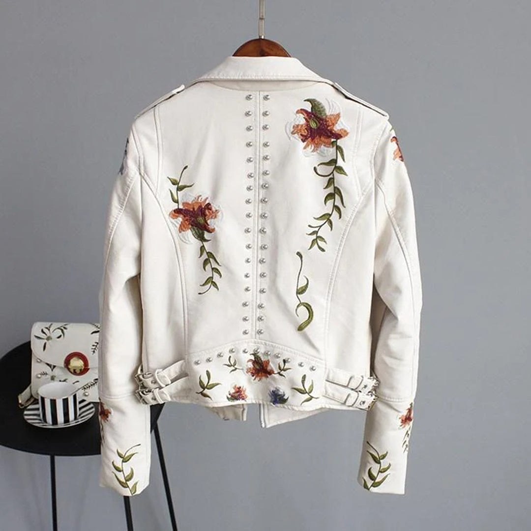 Damen Bikerjacke mit Blumenstickerei – Modische Übergangsjacke für stilvolle Outfits