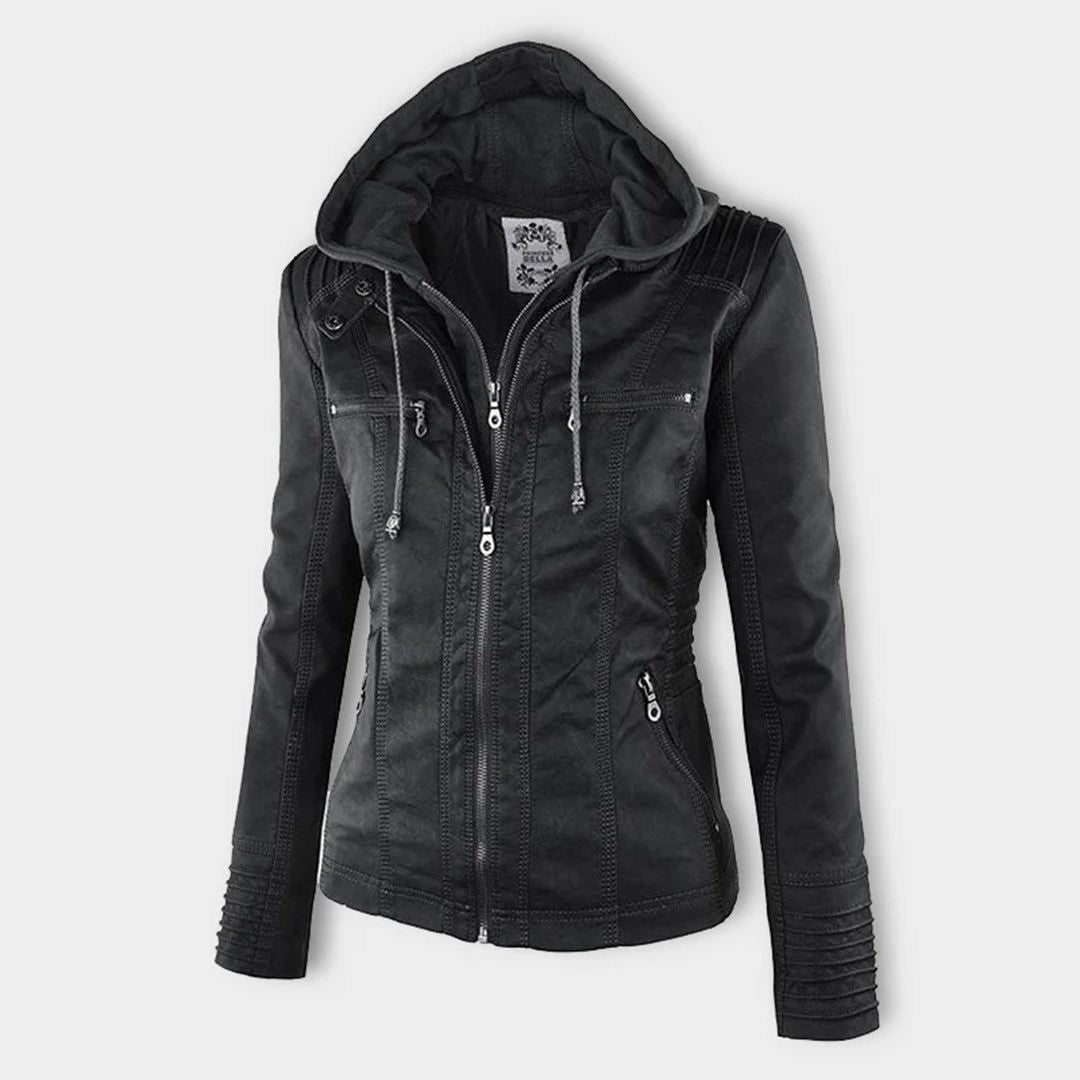 Damen Herbstjacke Elegant Veganleder mit Kapuze und Reißverschluss – Modische Freizeitjacke für Alltag und Outdoor