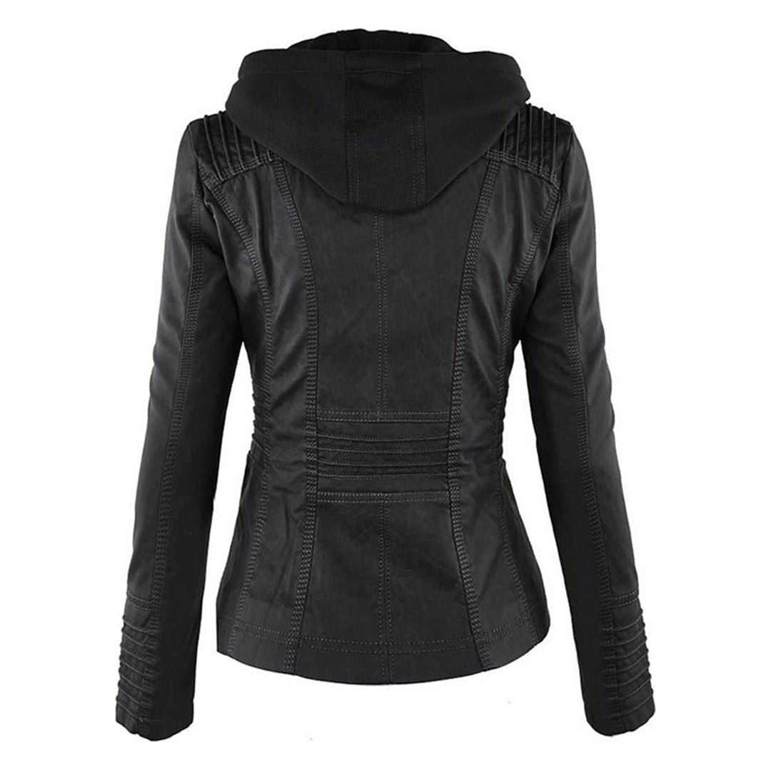 Damen Herbstjacke Elegant Veganleder mit Kapuze und Reißverschluss – Modische Freizeitjacke für Alltag und Outdoor
