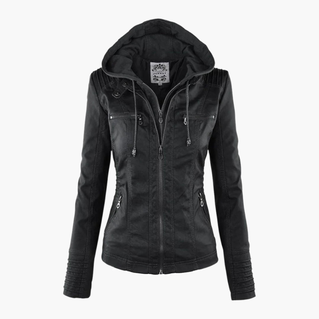 Damen Herbstjacke Elegant Veganleder mit Kapuze und Reißverschluss – Modische Freizeitjacke für Alltag und Outdoor