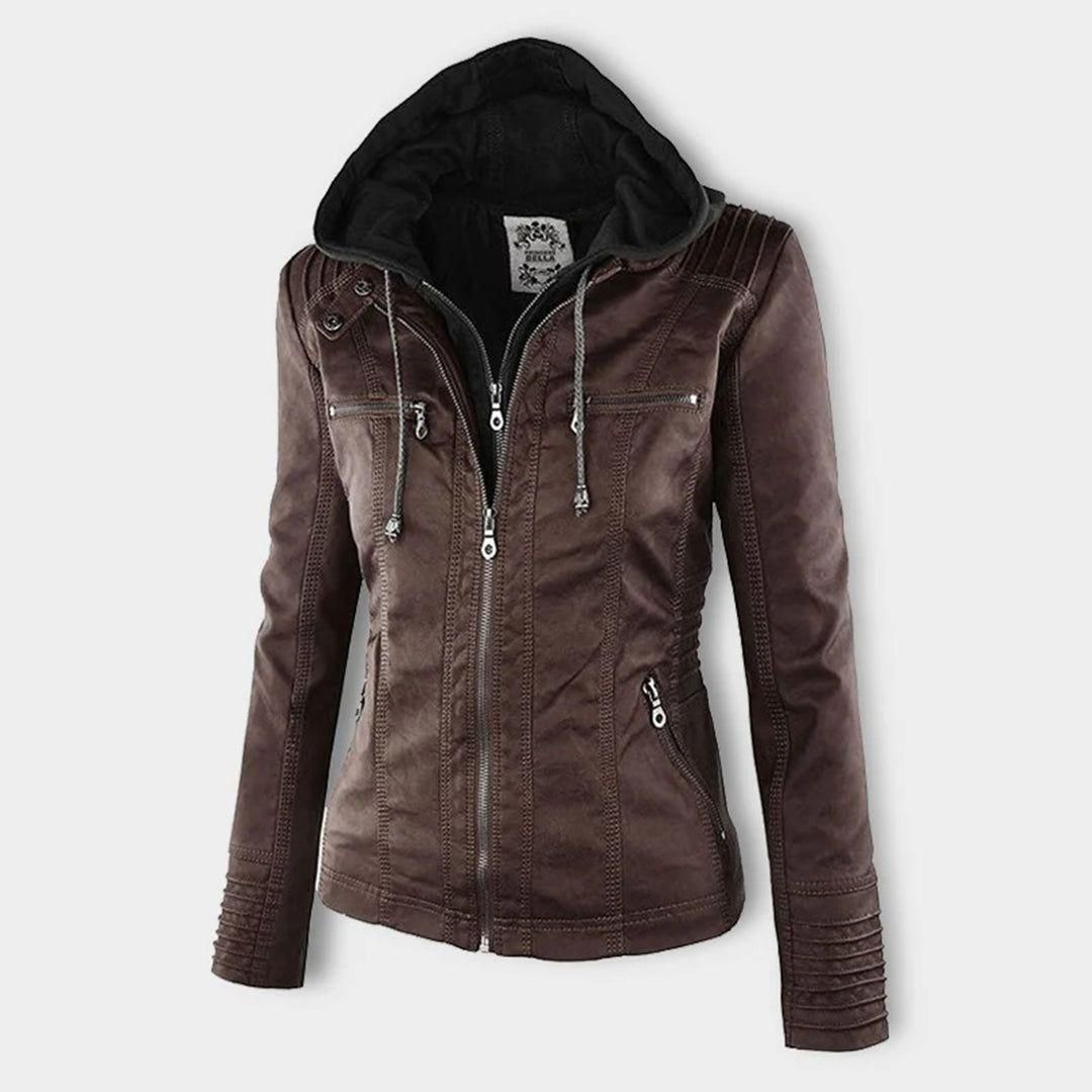 Damen Herbstjacke Elegant Veganleder mit Kapuze und Reißverschluss – Modische Freizeitjacke für Alltag und Outdoor