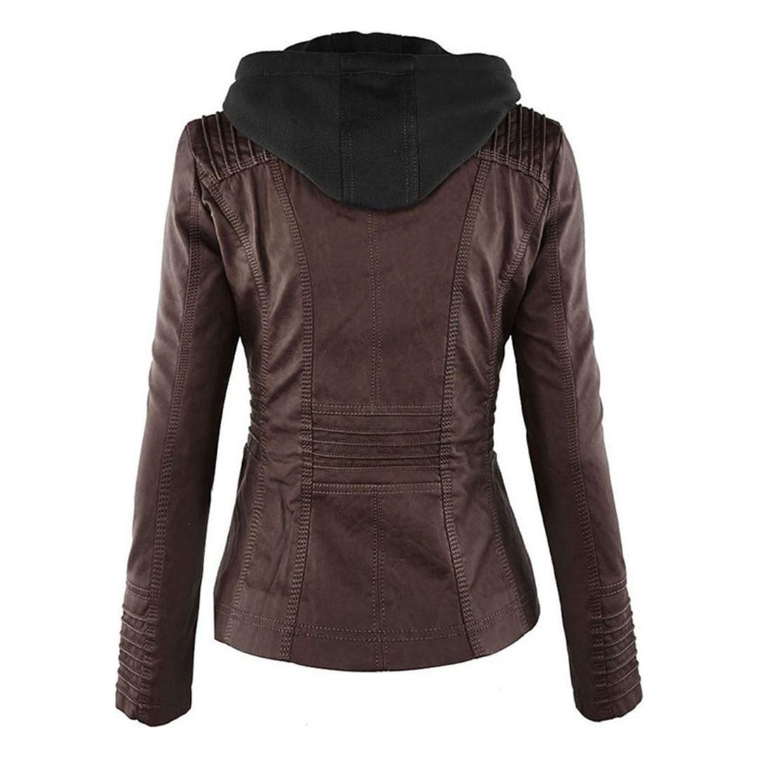 Damen Herbstjacke Elegant Veganleder mit Kapuze und Reißverschluss – Modische Freizeitjacke für Alltag und Outdoor