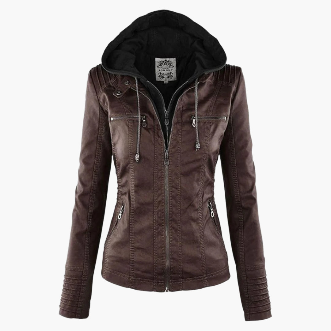 Damen Herbstjacke Elegant Veganleder mit Kapuze und Reißverschluss – Modische Freizeitjacke für Alltag und Outdoor