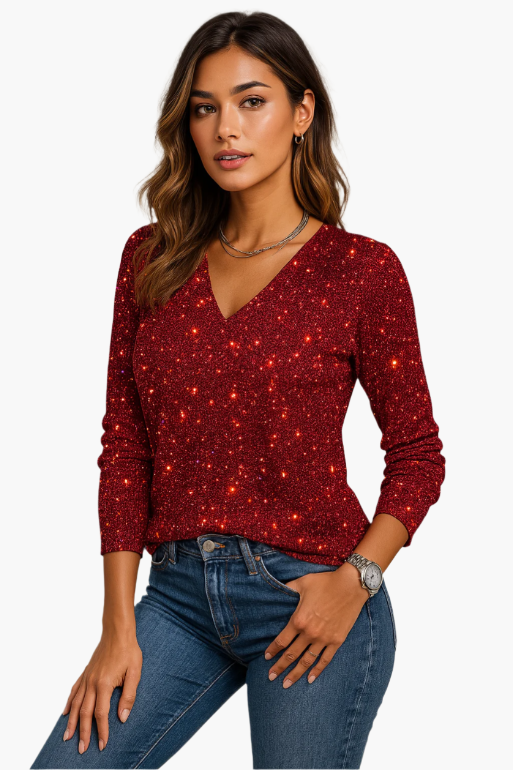 Damen Glitzer Pullover mit V-Ausschnitt – Eleganter Party- und Abendlook