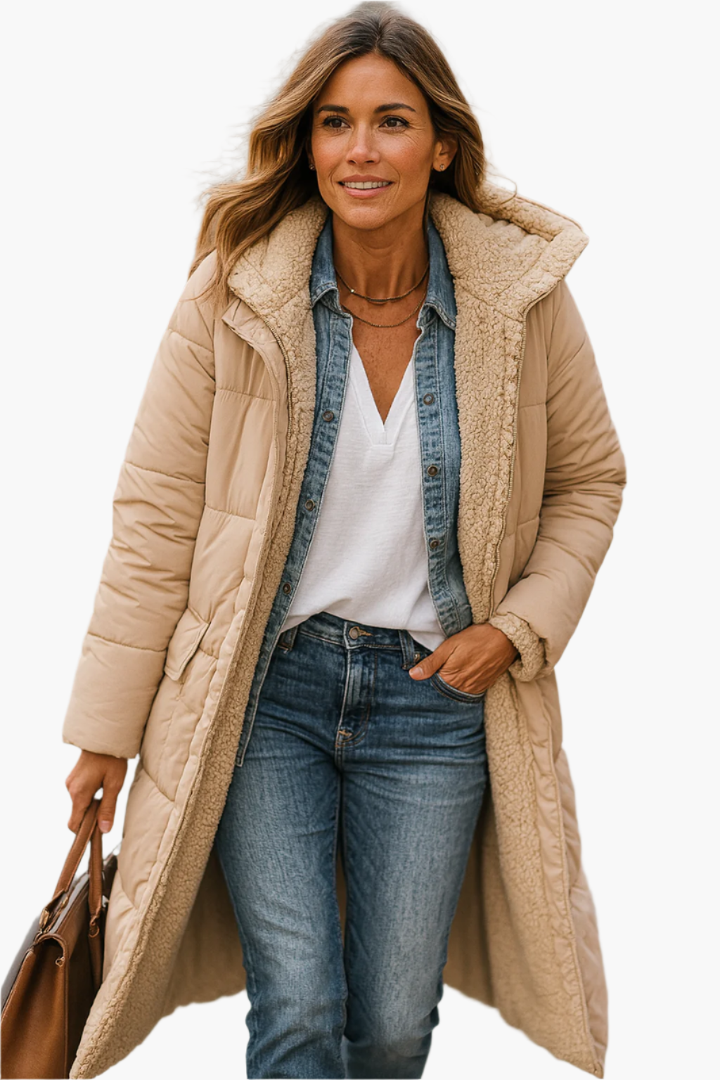 Women's winter quilted coat with teddy lining, long style, versatile & warm for cold days
