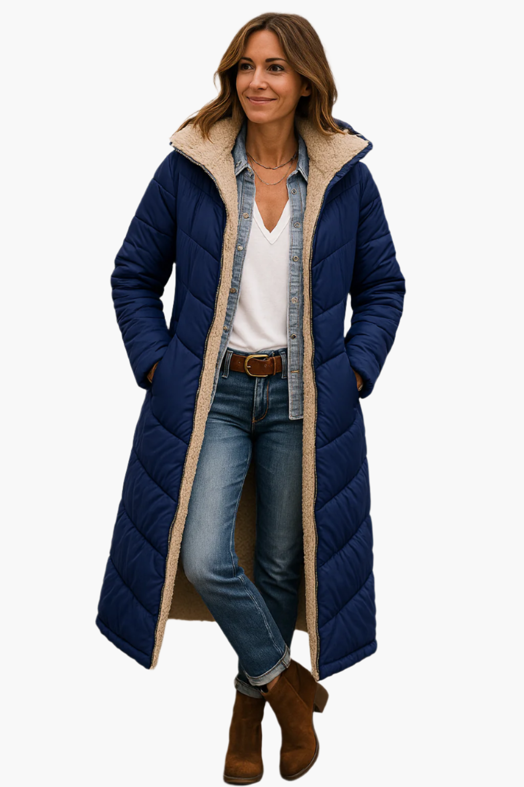 Women's winter quilted coat with teddy lining, long style, versatile & warm for cold days